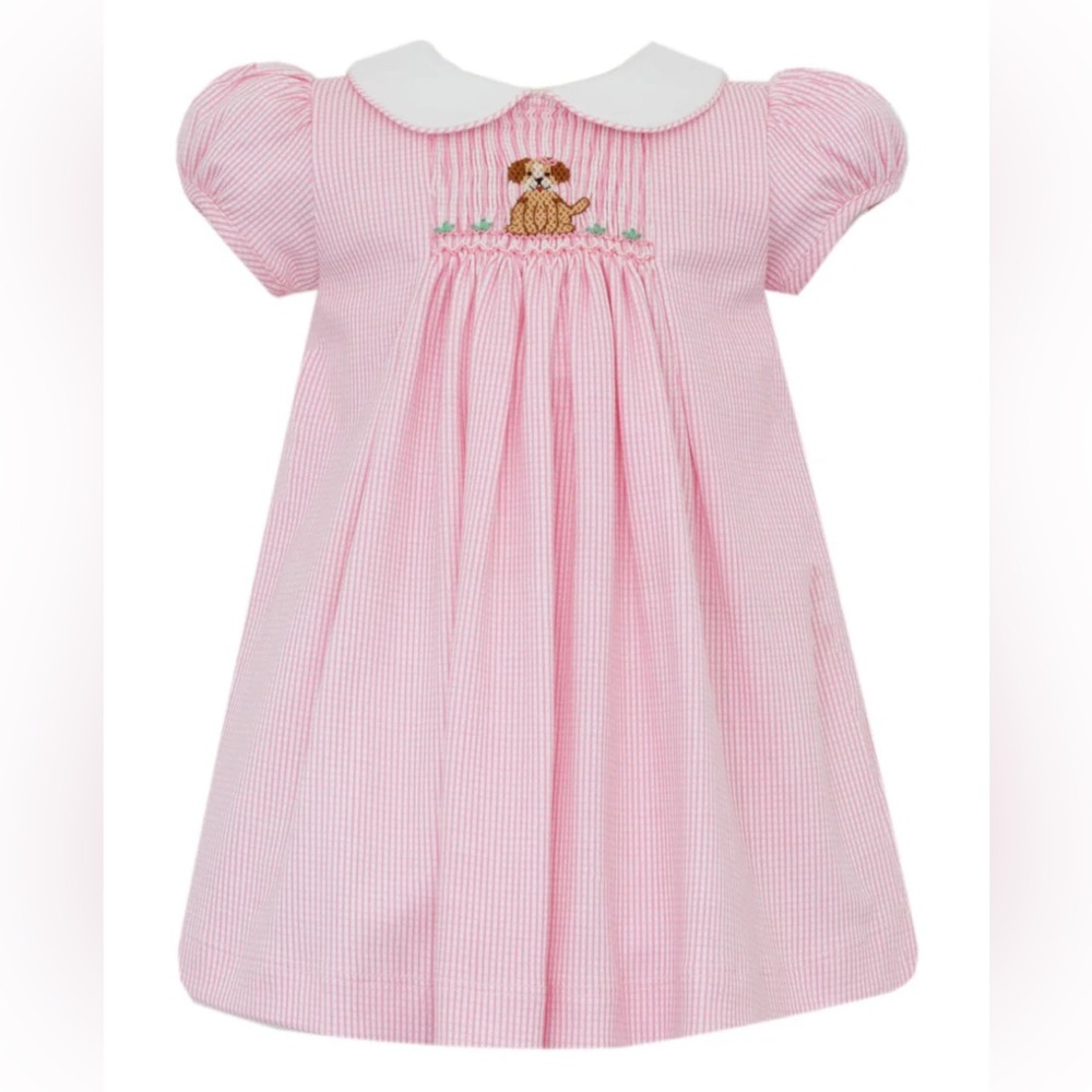 Petit Bebe - Knit Collared Dress with Smocking Puppy